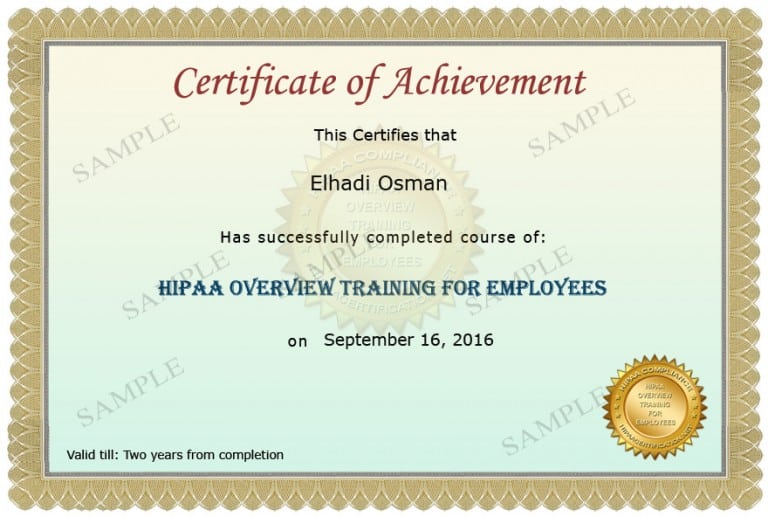 Basic HIPAA Training Certificate
