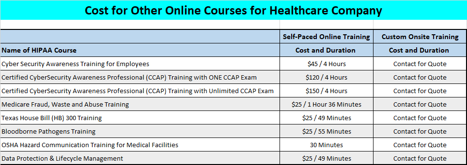 Cost for Other Online Courses for Healthcare Company 