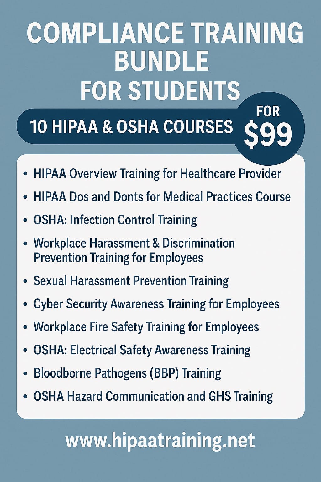 Compliance Training Bundle for Students – 10 HIPAA & OSHA Courses