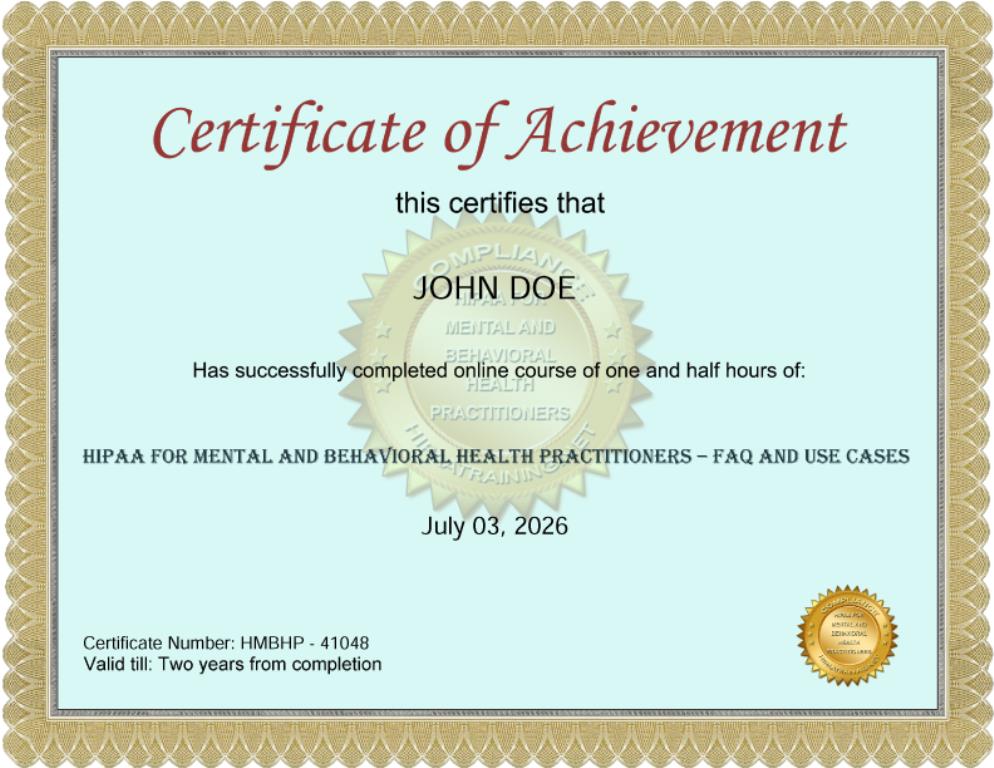 HIPAA for Mental and Behavioral Health Practitioners Course Certificate