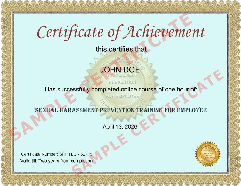 Sexual Harassment Prevention Course Certificate
