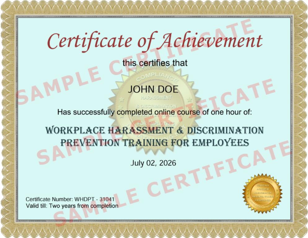 Workplace-Harassment-Discrimination-Prevention-Training-for-Employees-Certificate