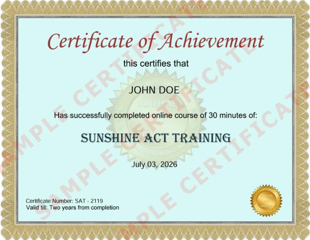 Sunshine Act Training Certificate